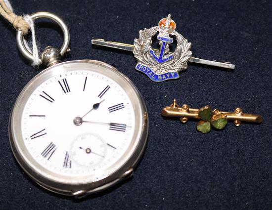 Two brooches including 9ct gold and hardstone, a chain and a silver pocket watch.